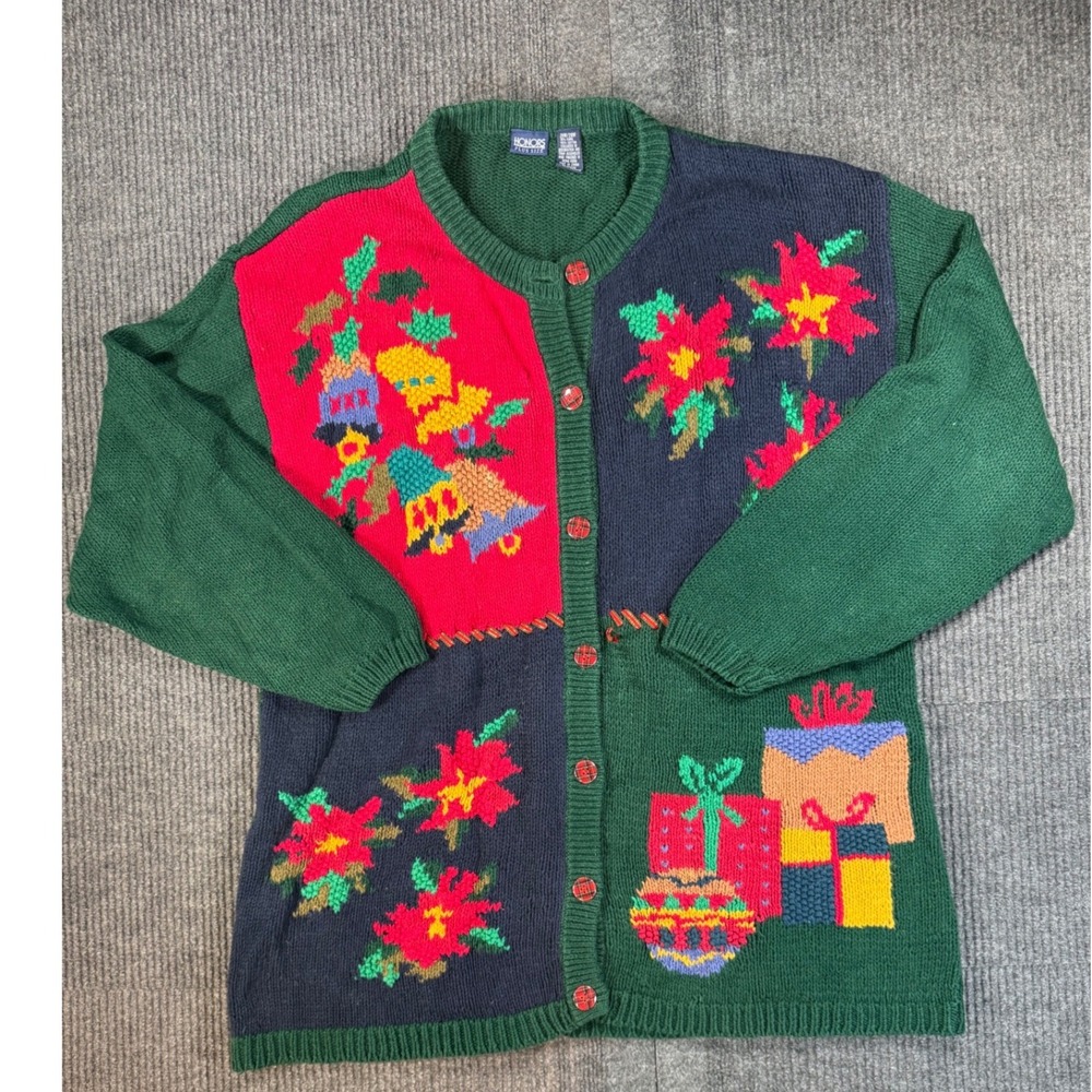 Honors Plus Size Christmas Cardigan Poinsettia Bells Gifts 26W 28W Vintage 90s